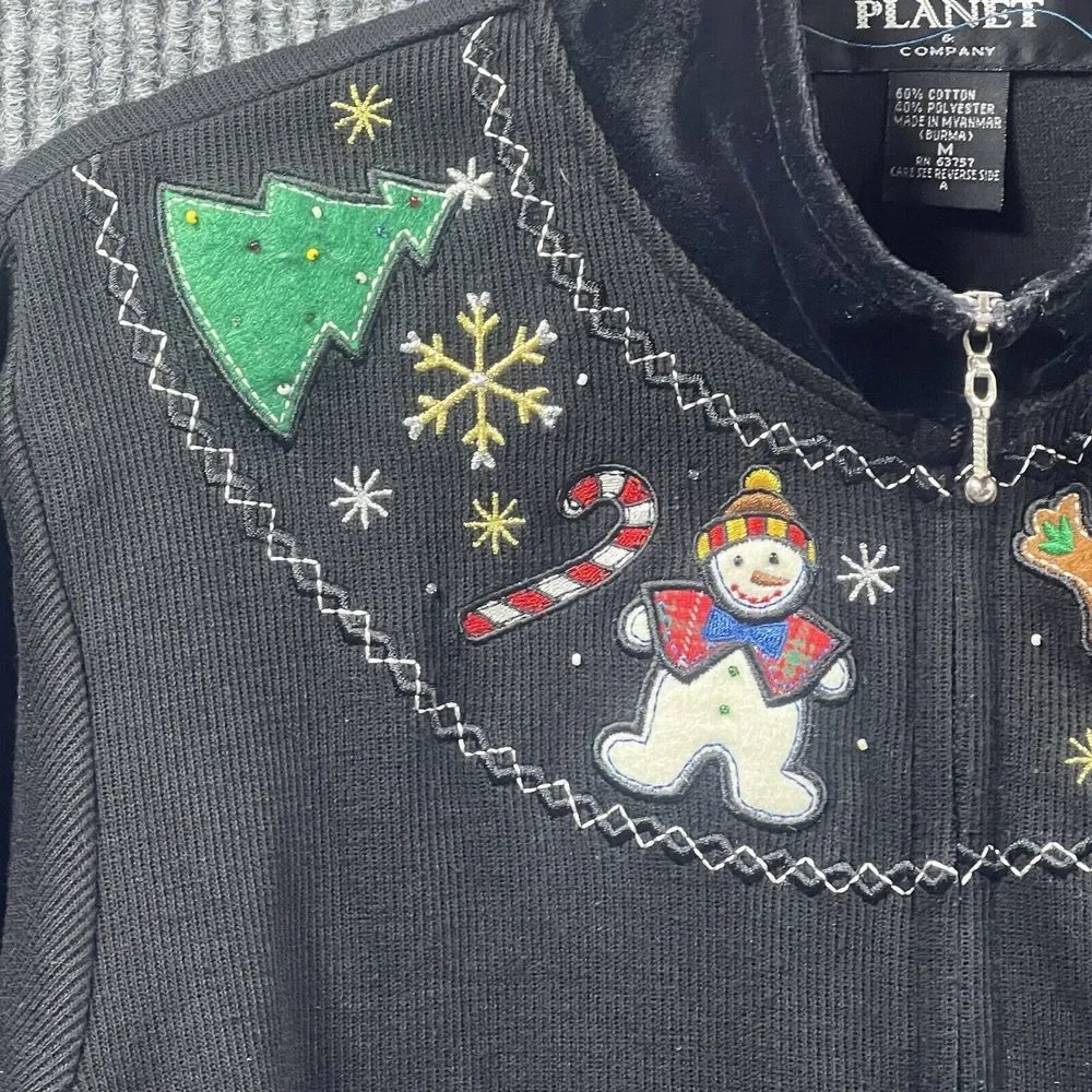 Christmas Sweater Planet And Company Woman Size Petite Med Knit Holiday Cardigan